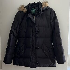 Ralph Lauren Black Down Puffer Jacket with Faux Fur Hood